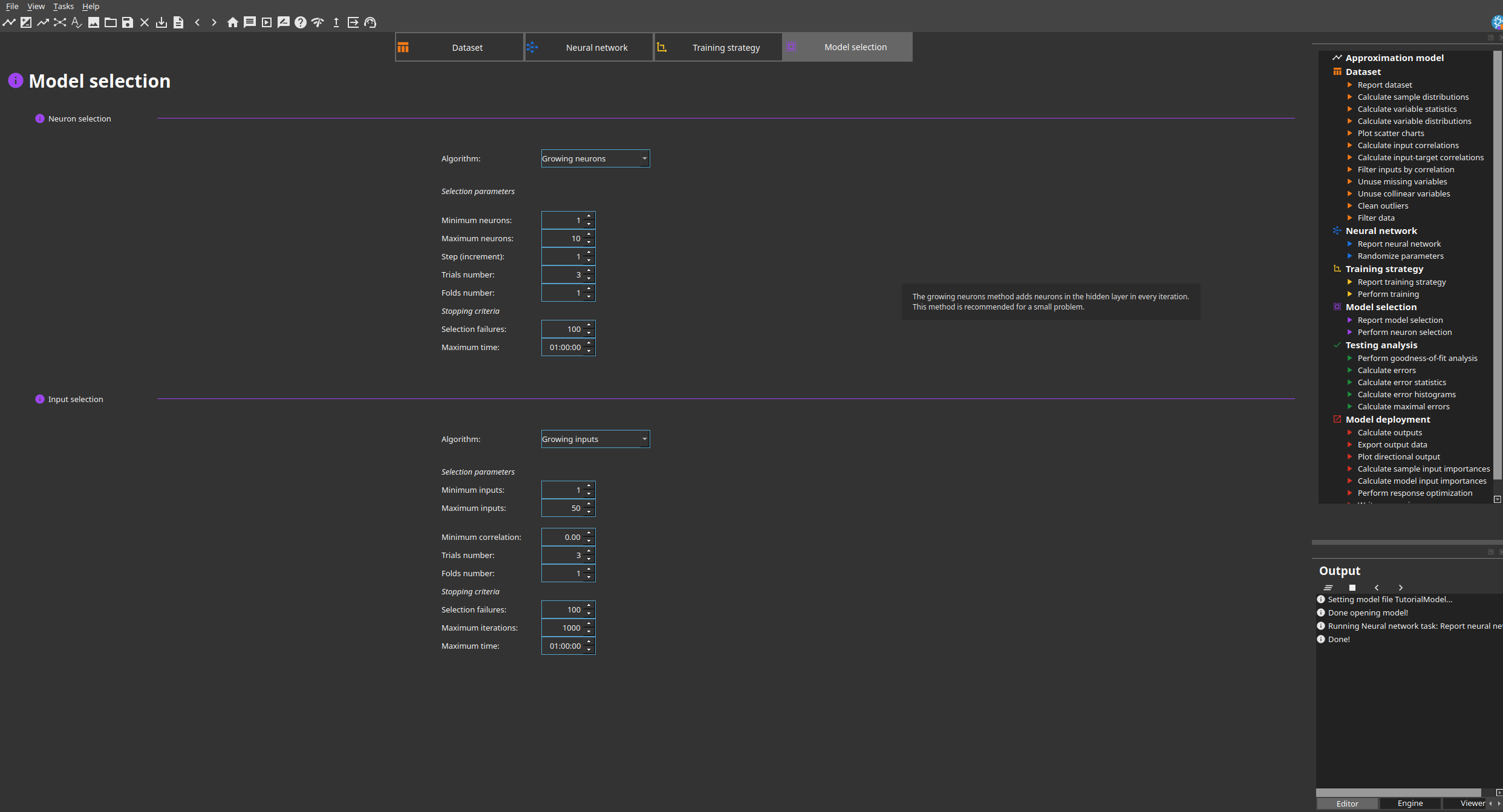 Neuron and input selection configuration in Neural Designer.