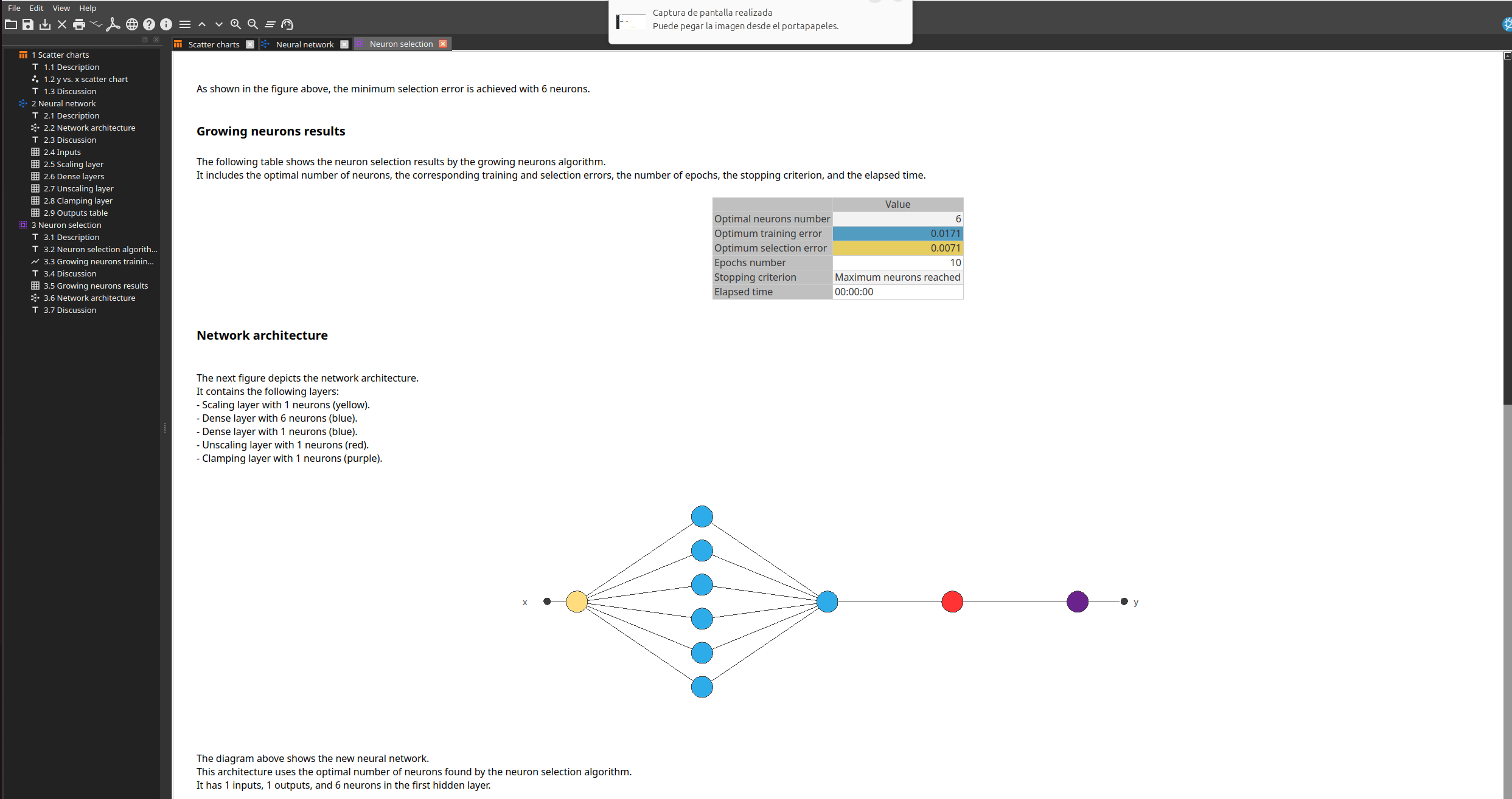 Growing neurons results and selected neural network architecture.