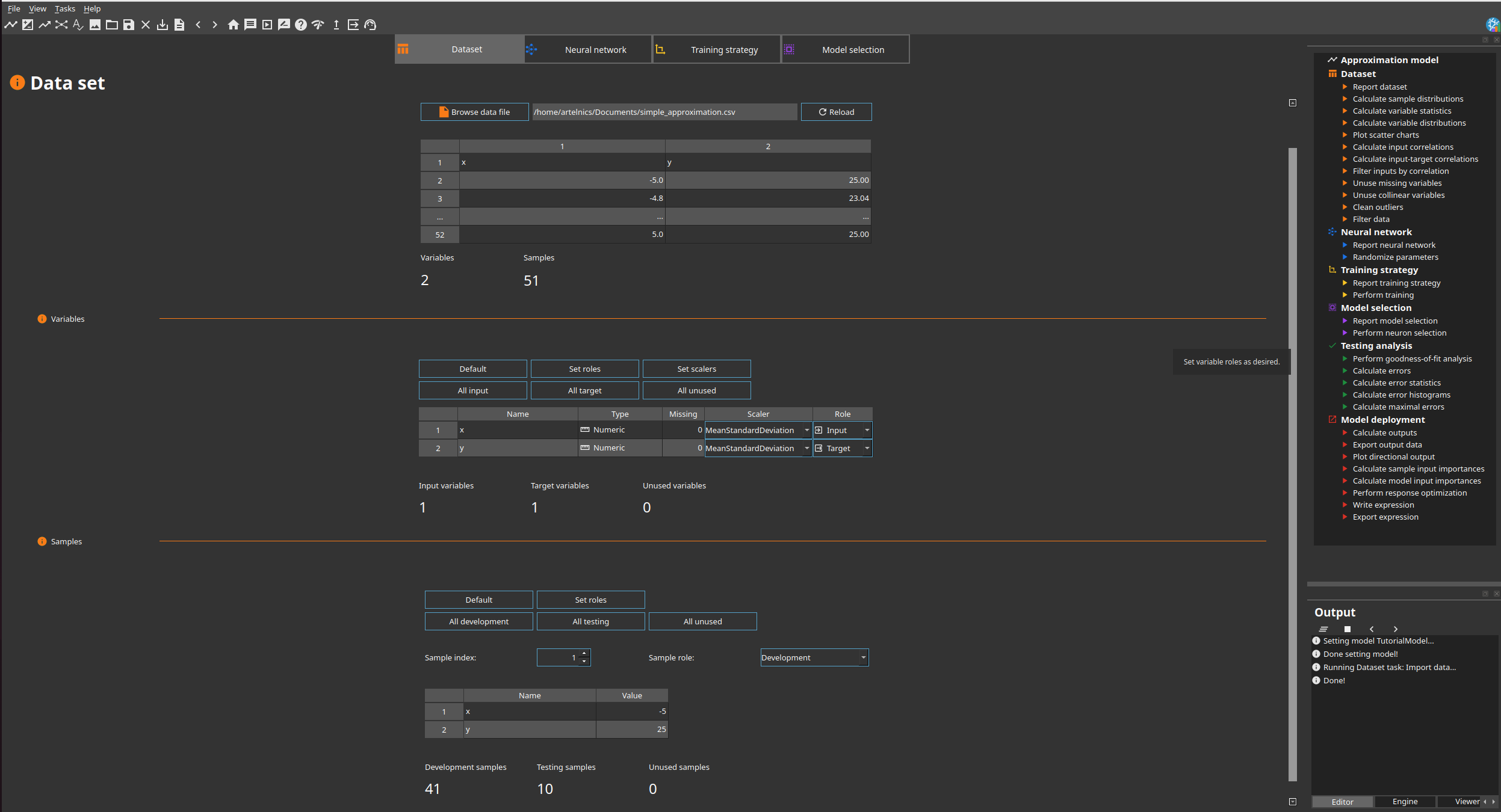 Simple approximation data set in Neural Designer
