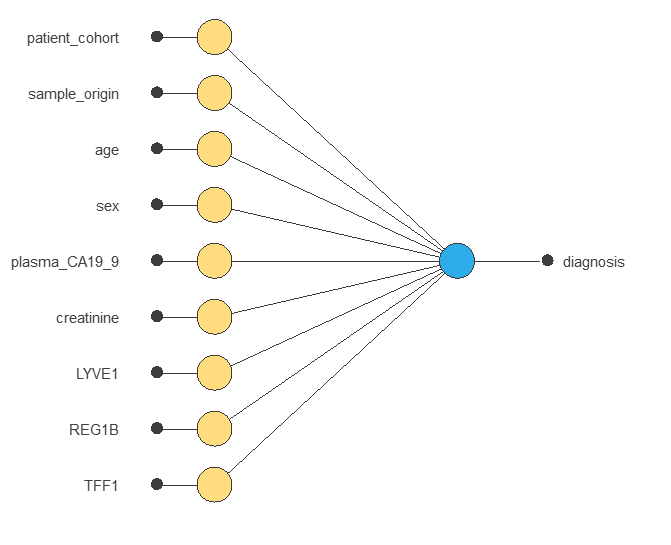 Fixed pancreatic-cancer categorical architecture with nine logical inputs and one three-class target