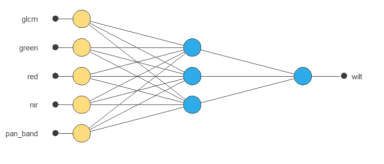 Initial tree-wilt classifier with five inputs, three hidden neurons and one output